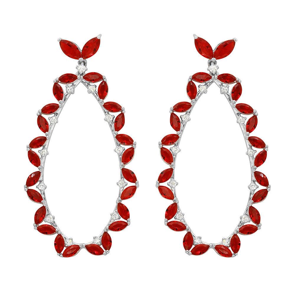 Silver 925 Rhodium Plated Red CZ Hanging Oval Earrings - GME00103-RED | Silver Palace Inc.