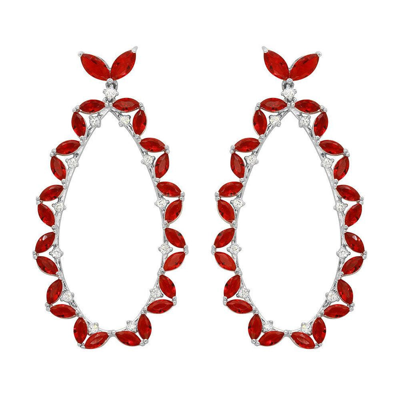 Silver 925 Rhodium Plated Red CZ Hanging Oval Earrings - GME00103-RED | Silver Palace Inc.