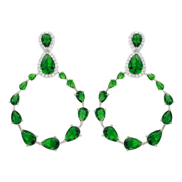 Silver 925 Rhodium Plated Green and Clear Teardrop with Open Hanging Graduated CZ Earrings - GME00104-GREEN | Silver Palace Inc.