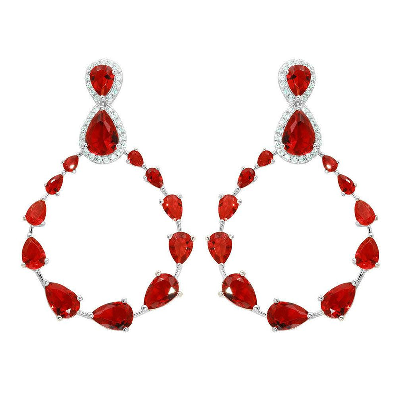 Silver 925 Rhodium Plated Red and Clear Teardrop with Open Hanging Graduated CZ Earrings - GME00104-RED | Silver Palace Inc.
