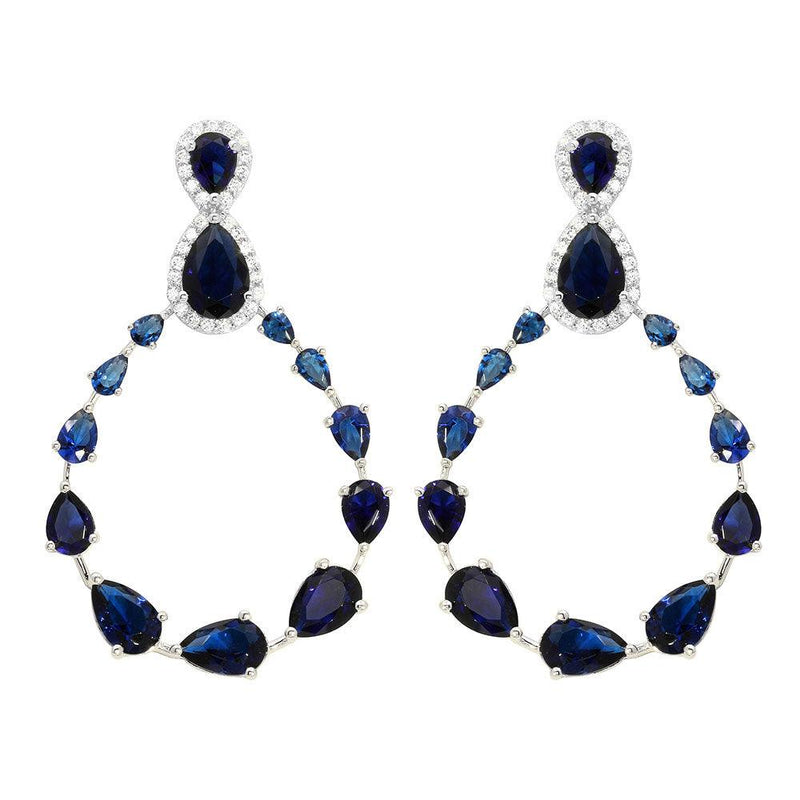 Silver 925 Rhodium Plated Blue and Clear Teardrop with Open Hanging Graduated CZ Earrings - GME00104-BLU | Silver Palace Inc.