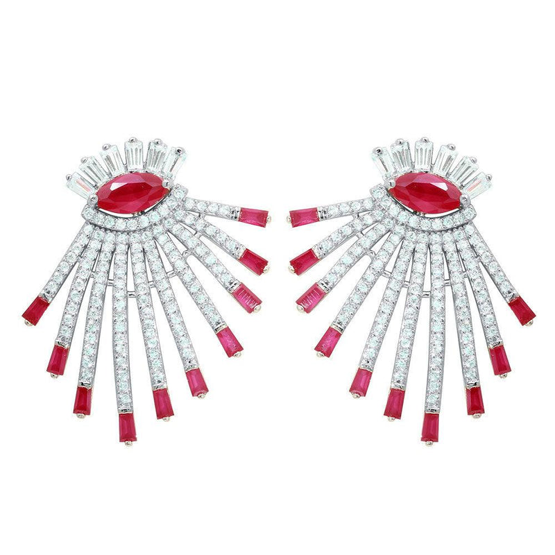 Silver 925 Rhodium Plated Clear and Red CZ Drop Earrings - GME00105RH-RED | Silver Palace Inc.
