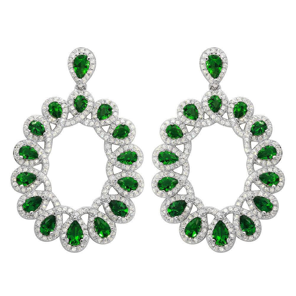 Silver 925 Rhodium Plated Open Oval Green and Clear CZ Hanging Earrings - GME00106-GREEN | Silver Palace Inc.