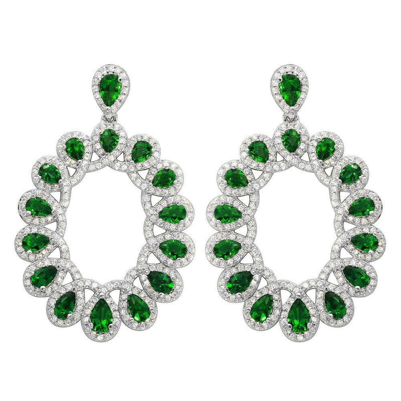 Silver 925 Rhodium Plated Open Oval Green and Clear CZ Hanging Earrings - GME00106-GREEN | Silver Palace Inc.