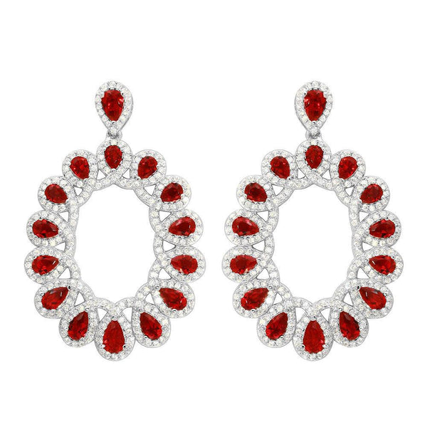 Silver 925 Rhodium Plated Open Oval Red and Clear CZ Hanging Earrings - GME00106-RED | Silver Palace Inc.