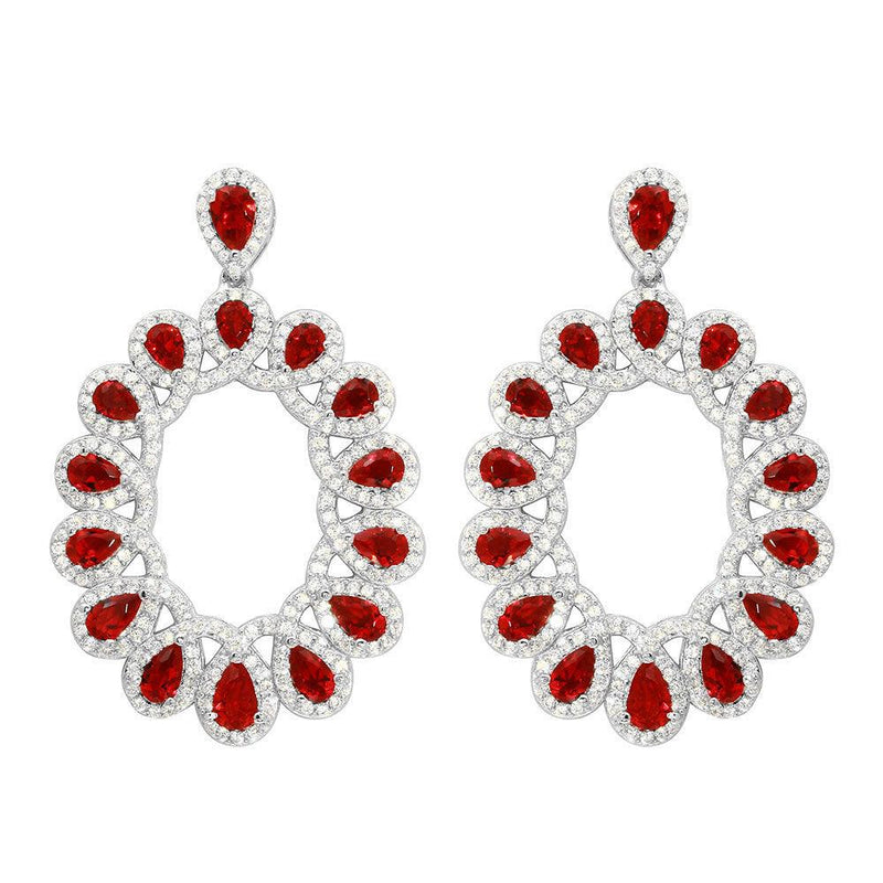 Silver 925 Rhodium Plated Open Oval Red and Clear CZ Hanging Earrings - GME00106-RED | Silver Palace Inc.