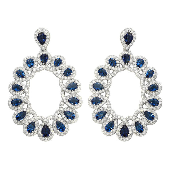 Silver 925 Rhodium Plated Open Oval Blue and Clear CZ Hanging Earrings - GME00106-BLU | Silver Palace Inc.