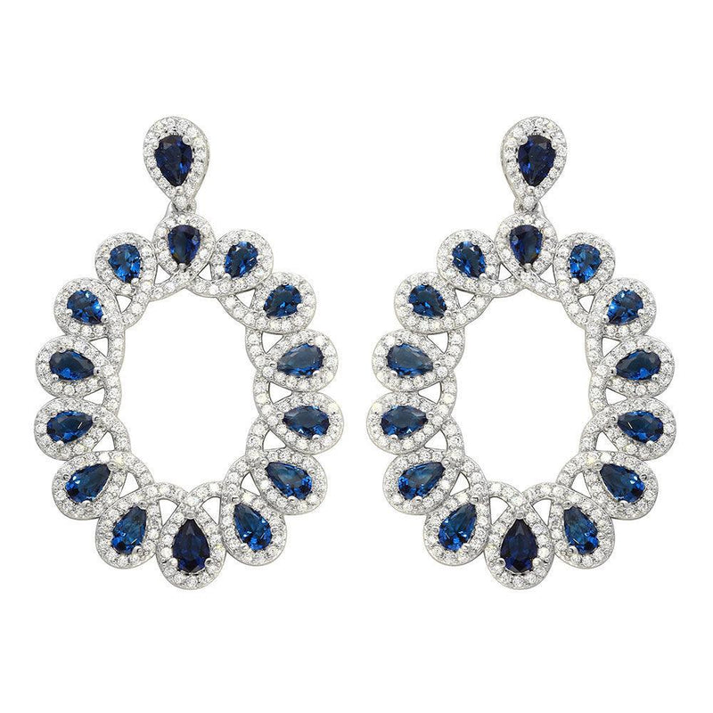 Silver 925 Rhodium Plated Open Oval Blue and Clear CZ Hanging Earrings - GME00106-BLU | Silver Palace Inc.