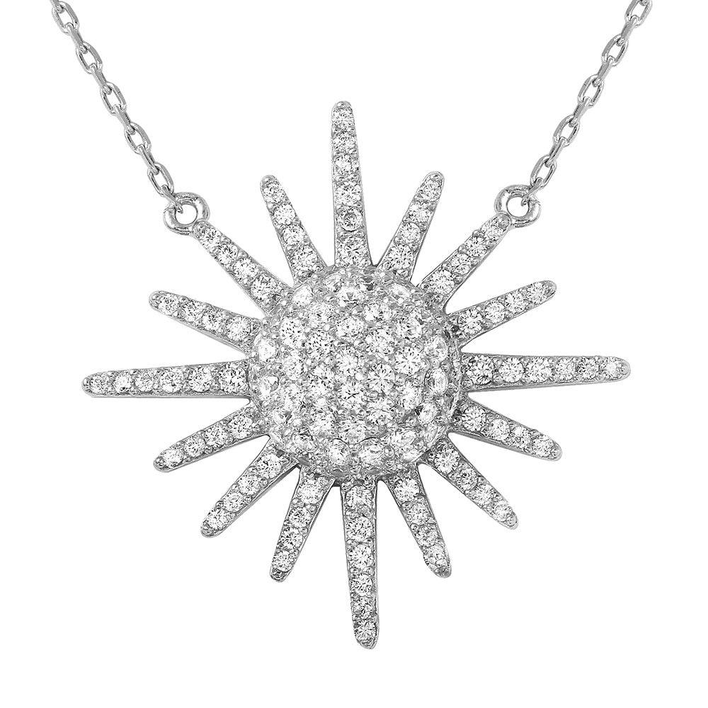Silver 925 Rhodium Plated Sun Necklace Encrusted with CZ Stones - GMN00002 | Silver Palace Inc.
