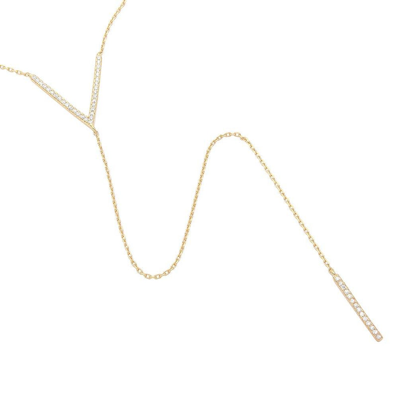 Silver 925 Gold Plated V CZ Necklace with Drop CZ Bar - GMN00006GP | Silver Palace Inc.