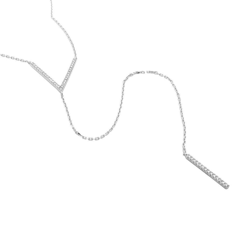 Silver 925 Rhodium Plated V CZ Necklace with Drop CZ Bar - GMN00006RH | Silver Palace Inc.