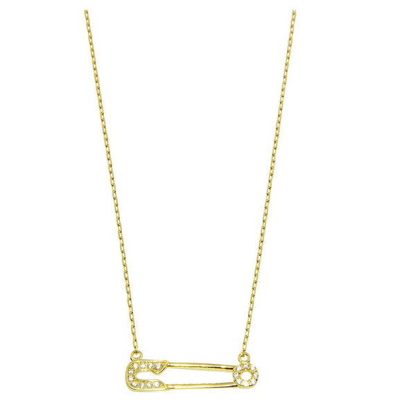 Silver 925 Gold Plated Small Gold Plated Pin Necklace with CZ - GMN00008GP | Silver Palace Inc.