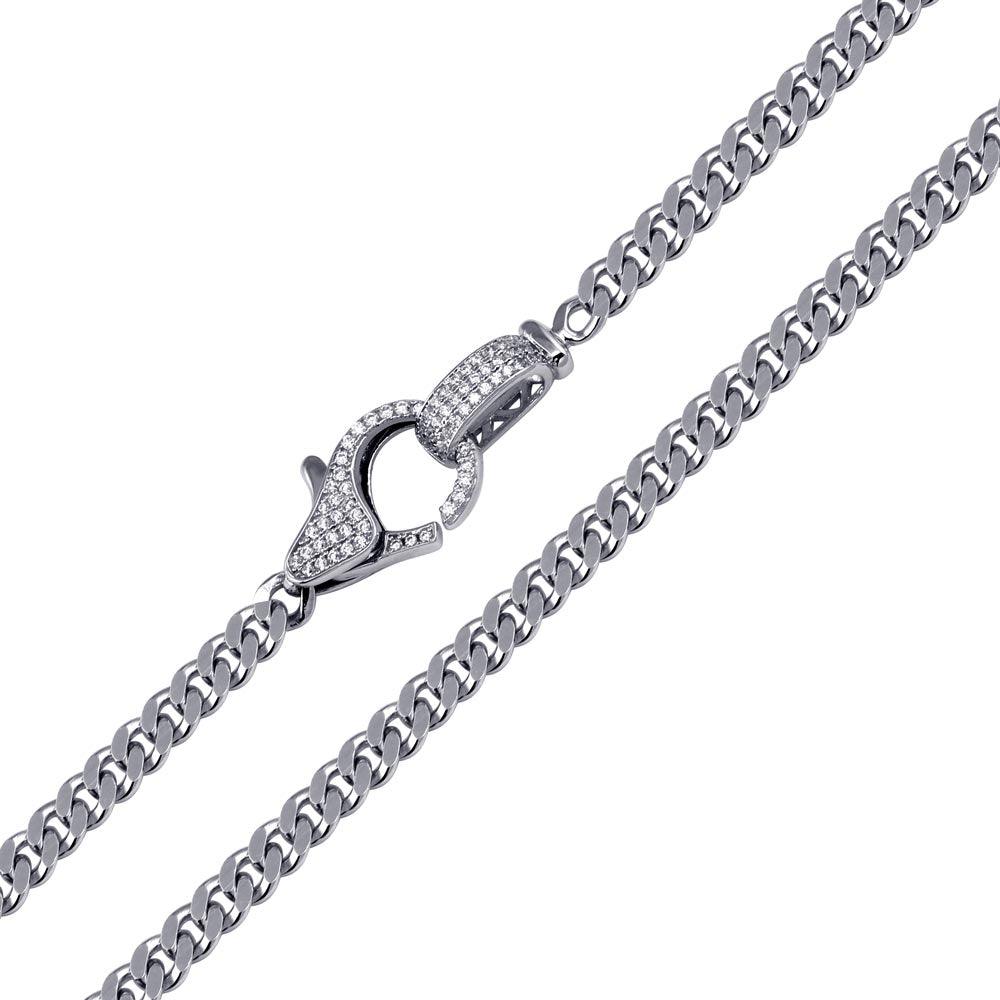 Rhodium Plated 925 Sterling Silver CZ Lobster Clasp Cuban Necklace - GMN00190 | Silver Palace Inc.