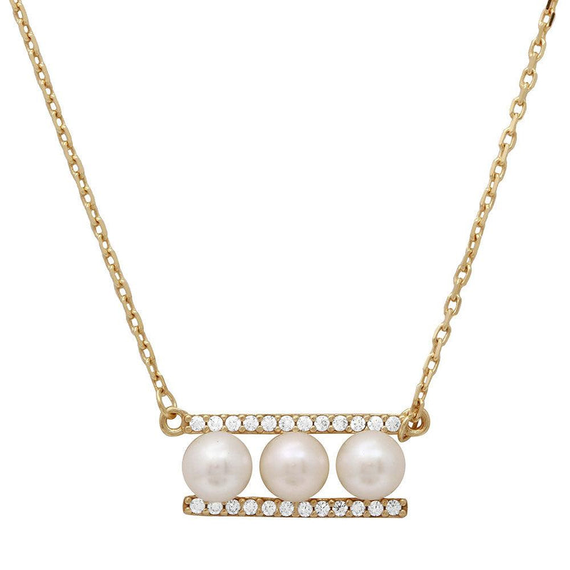 Silver 925 Gold Plated 3 Fresh Water Pearl On 2 CZ Bar Necklace - GMN00020GP | Silver Palace Inc.