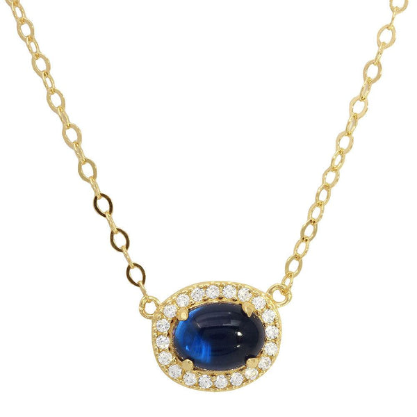 Silver 925 Gold Plated Oval Halo CZ Pendant Blue Center Stone Necklace - GMN00022GP-SEP | Silver Palace Inc.