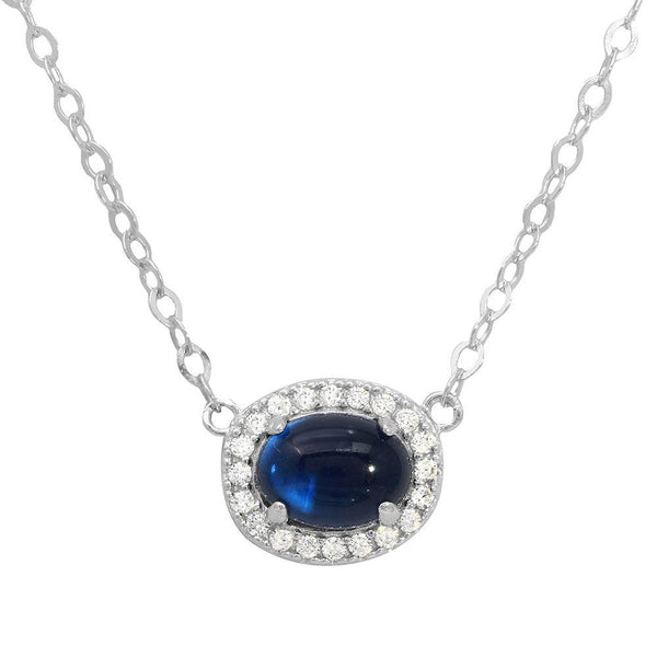 Silver 925 Rhodium Plated Oval Halo CZ Pendant Blue Center Stone Necklace - GMN00022-SEP | Silver Palace Inc.