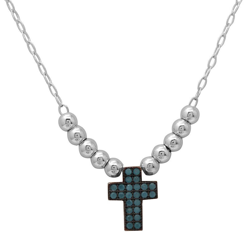 Silver 925 Rhodium Plated Beaded Necklace with Turquoise Stone Cross - GMN00025RB | Silver Palace Inc.