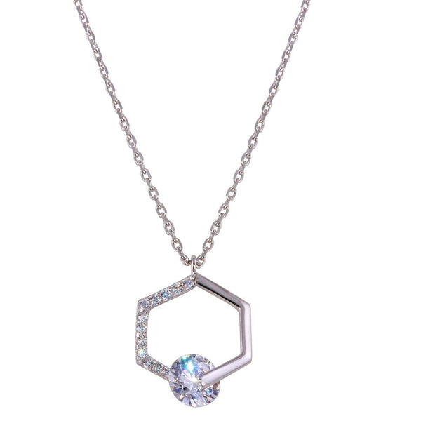 Silver 925 Rhodium Plated Hexagon Pendant Necklace with CZ - GMN00034 | Silver Palace Inc.