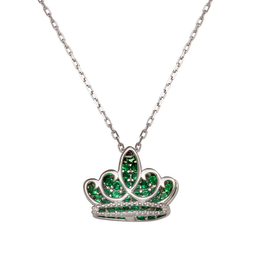 Silver 925 Rhodium Plated Green CZ Crown Necklace - GMN00036MAY | Silver Palace Inc.