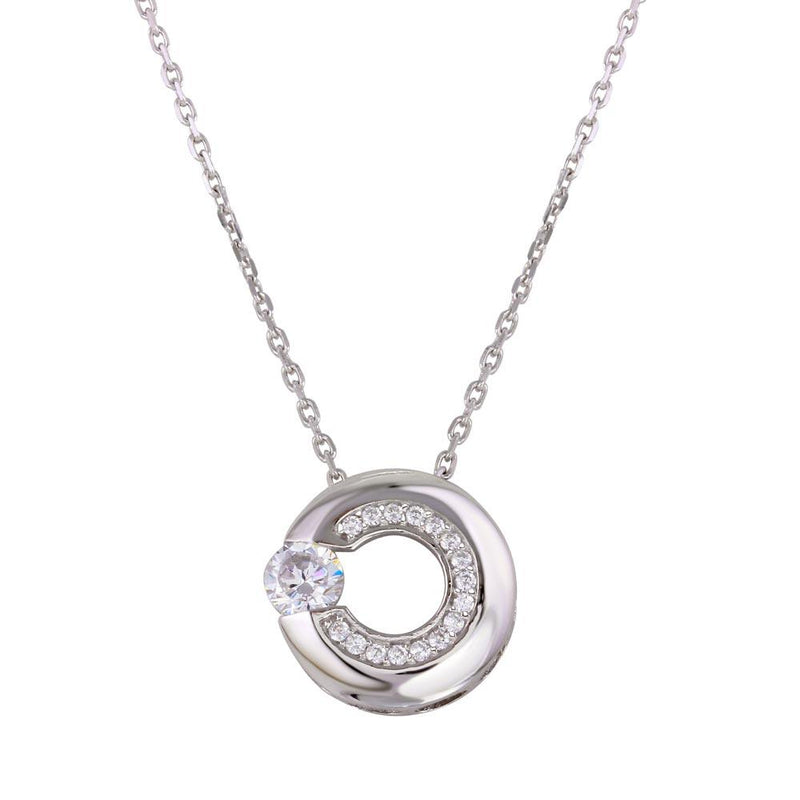 Silver 925 Rhodium Plated Open Circle Pendant Necklace with CZ - GMN00037 | Silver Palace Inc.
