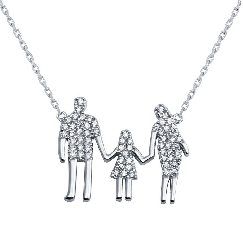 Silver 925 Rhodium Plated Mom, Dad, And A Girl Family Necklace - GMN00045 | Silver Palace Inc.