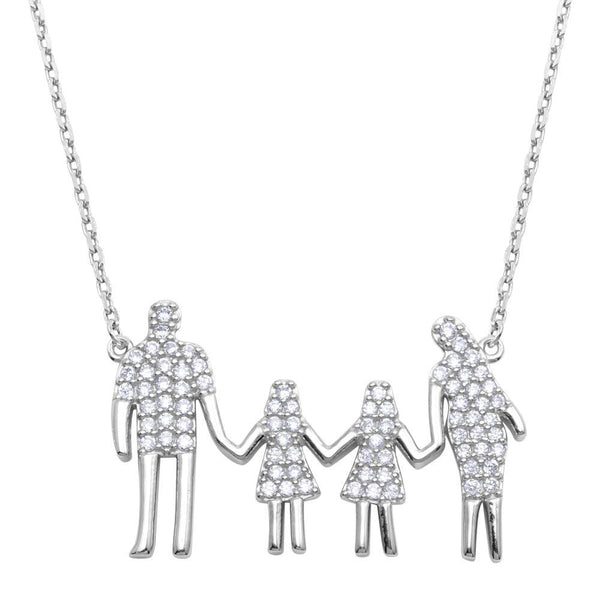 Silver 925 Rhodium Plated Mom, Dad, and 2 Daughters Family Necklace with CZ - GMN00060 | Silver Palace Inc.