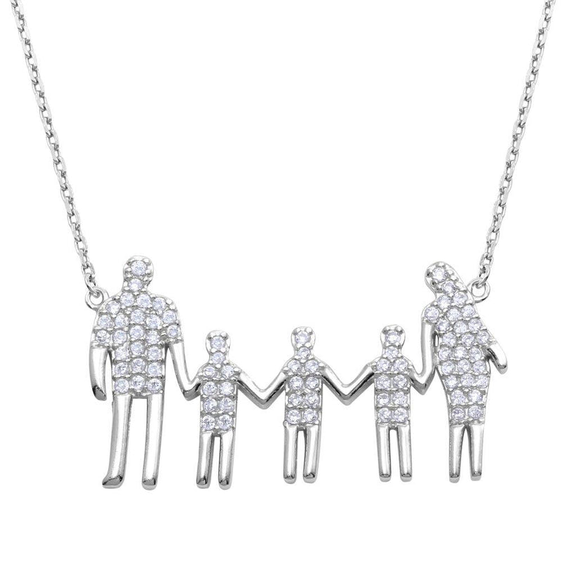 Silver 925 Rhodium Plated, Mom, Dad, and 3 Sons Family Necklace with CZ - GMN00063 | Silver Palace Inc.