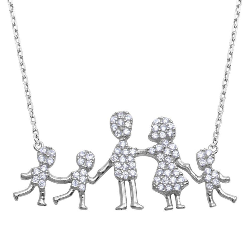 Silver 925 Rhodium Plated Mom, Dad, and 3 Sons Family Necklace with CZ - GMN00067 | Silver Palace Inc.