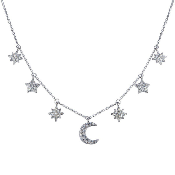 Rhodium Plated 925 Sterling Silver CZ  Star and Crescent Moon Necklace - GMN00089 | Silver Palace Inc.