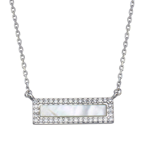 Silver 925 Rhodium Plated Mother Of Pearl Halo Bar Necklace - GMN00100 | Silver Palace Inc.