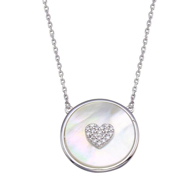 Silver 925 Rhodium Plated Mother Of Pearl Disc with CZ Heart Necklace - GMN00101 | Silver Palace Inc.