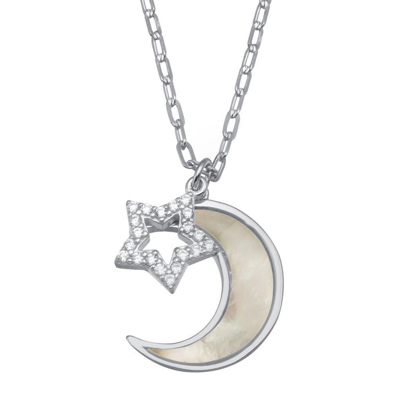 Silver 925 Rhodium Plated CZ Synthetic Mother of Pearl Star and Crescent Moon Necklace - GMN00102 | Silver Palace Inc.