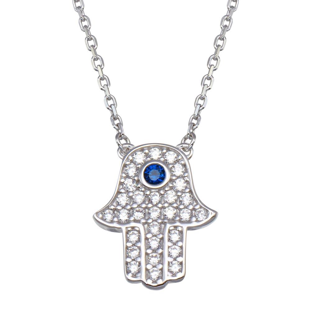 Silver 925 Rhodium Plated CZ Hamsa Necklace - GMN00106 | Silver Palace Inc.