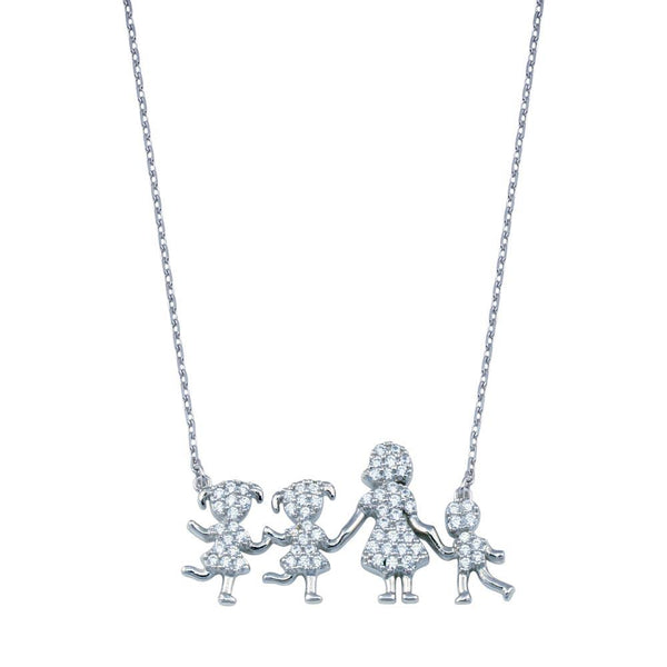 Silver 925 Rhodium Plated CZ Mother Two Daughters and Son Clear CZ Necklace - GMN00113 | Silver Palace Inc.