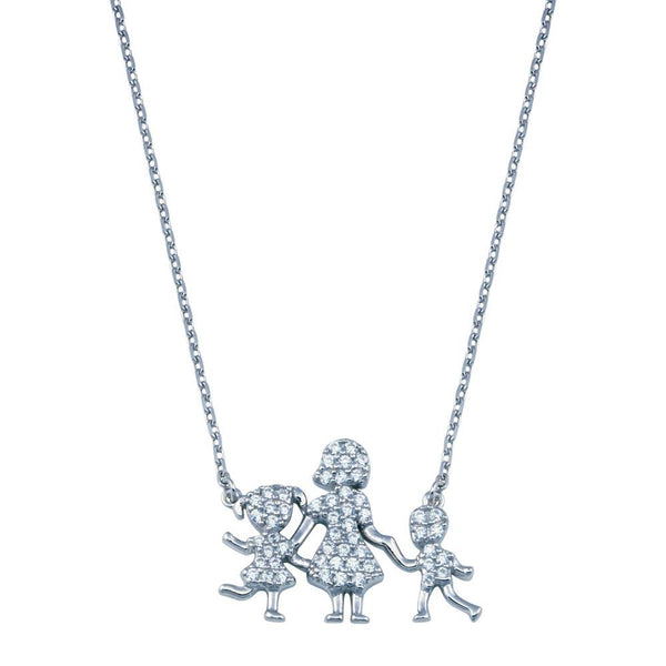 Silver 925 Rhodium Plated CZ Mother Daughter and Son Clear CZ Necklace - GMN00114 | Silver Palace Inc.