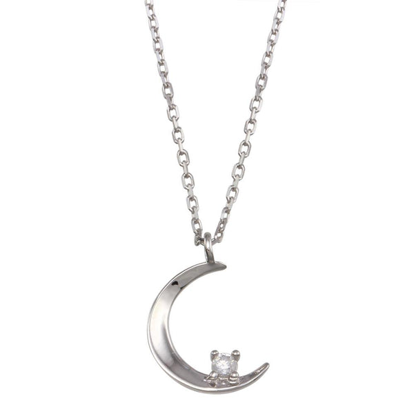 Rhodium Plated 925 Sterling Silver Crescent CZ Necklace - GMN00118 | Silver Palace Inc.