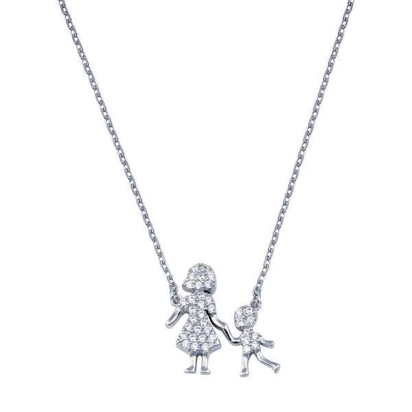 Silver 925 Rhodium Plated CZ Mother and Son Clear CZ Necklace - GMN00111 | Silver Palace Inc.