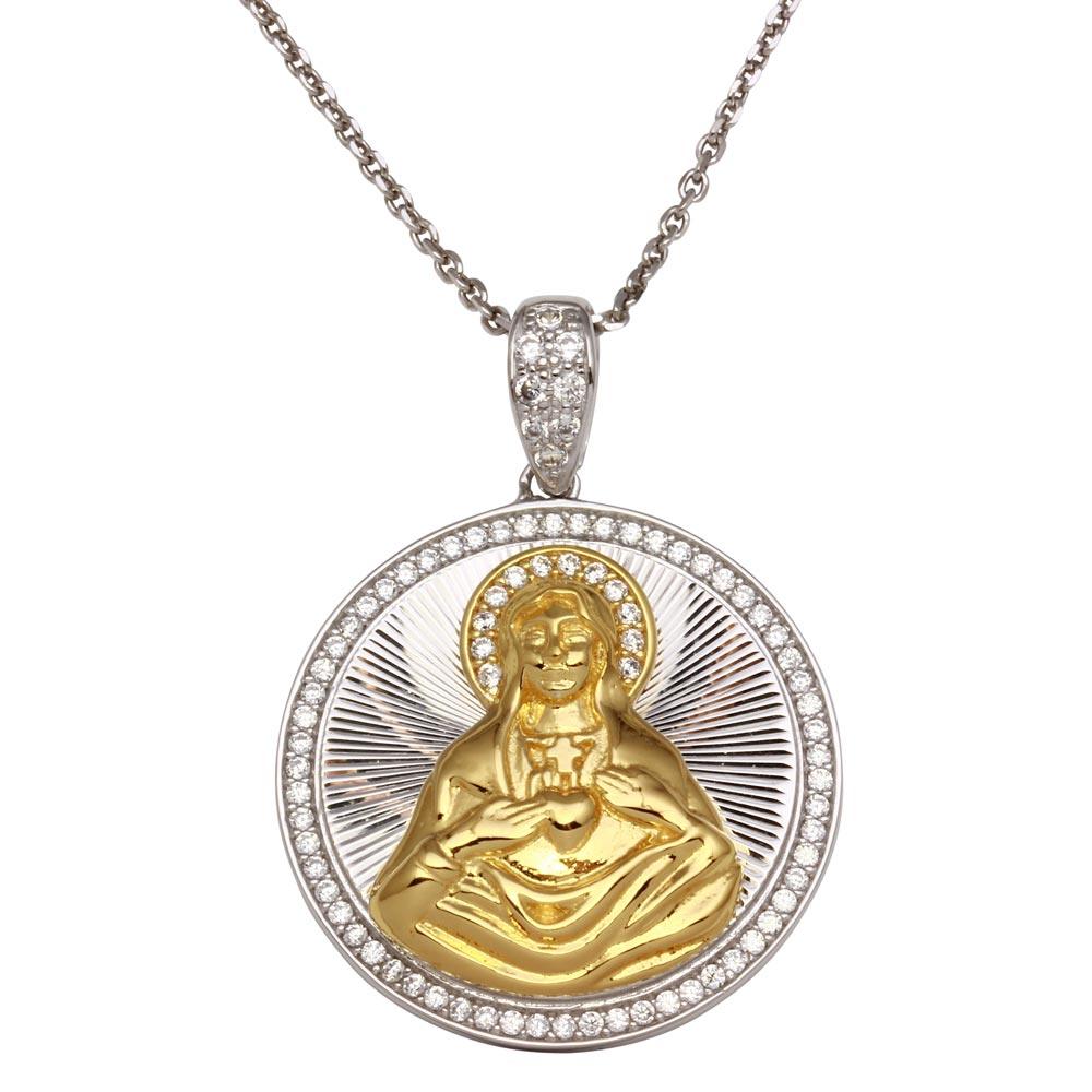 Silver 925 Two-Toned Round Virgin Mary Pendant Necklace with CZ