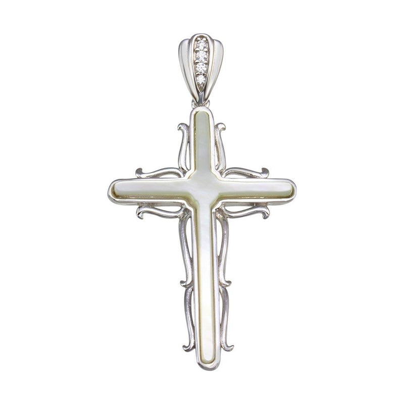 Silver 925 Rhodium Plated Mother of Pearl CZ Cross Wave Side Pendant - GMP00028 | Silver Palace Inc.