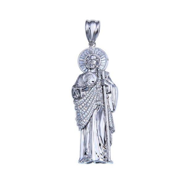 Rhodium Plated 925 Sterling Silver Clear CZ St Jude Pendant 41mm - GMP00082 | Silver Palace Inc.