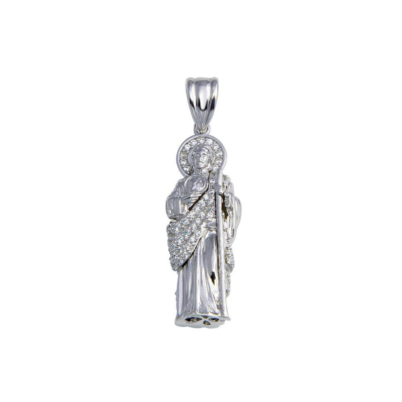 Rhodium Plated 925 Sterling Silver Clear CZ St Jude Pendant 30mm - GMP00086 | Silver Palace Inc.