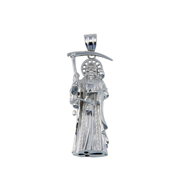 Rhodium Plated 925 Sterling Silver Hollow Santa Muerte Pendant 40mm - GMP00089 | Silver Palace Inc.