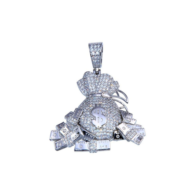 Rhodium Plated 925 Sterling Silver CZ Cash Bag Pendant - GMP00096 | Silver Palace Inc.