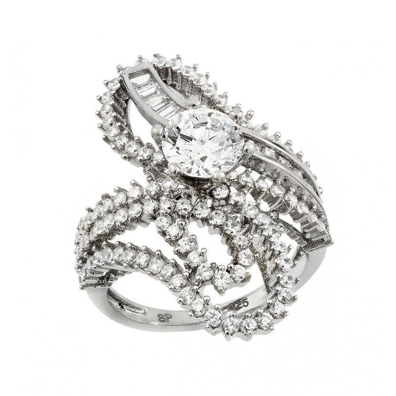 Silver 925 Rhodium Plated Clear Baguette Round Center CZ Ornate Wrap Ring - GMR00003 | Silver Palace Inc.