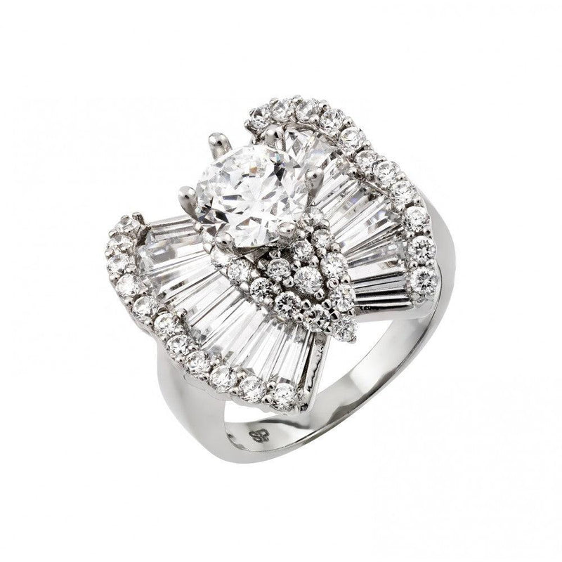 Silver 925 Rhodium Plated Clear Baguette Round Pave Set CZ Butterfly Ring - GMR00005 | Silver Palace Inc.