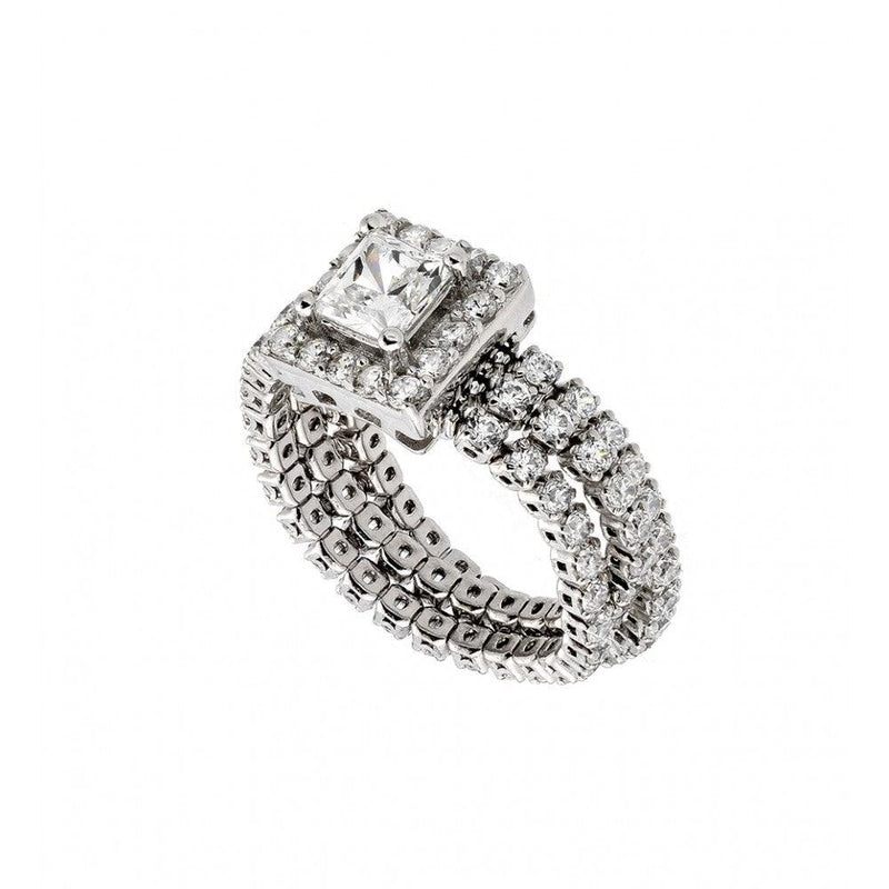 Silver 925 Rhodium Plated Pave Set Clear CZ Flexible Square Ring - GMR00010 | Silver Palace Inc.