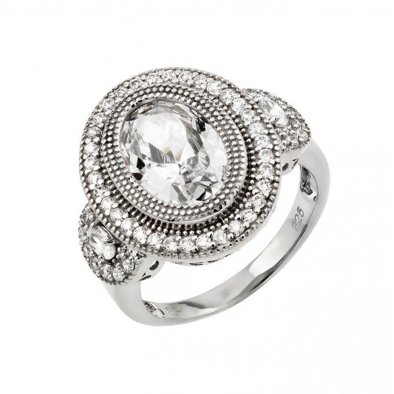 Silver 925 Rhodium Plated Micro Pave Set CZ Antique Oval Ring - GMR00011 | Silver Palace Inc.
