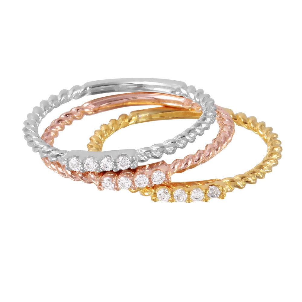 Silver 925 Rhodium Plated Tri-Color Textured Stackable CZ Inlay Ring - GMR00079TRI