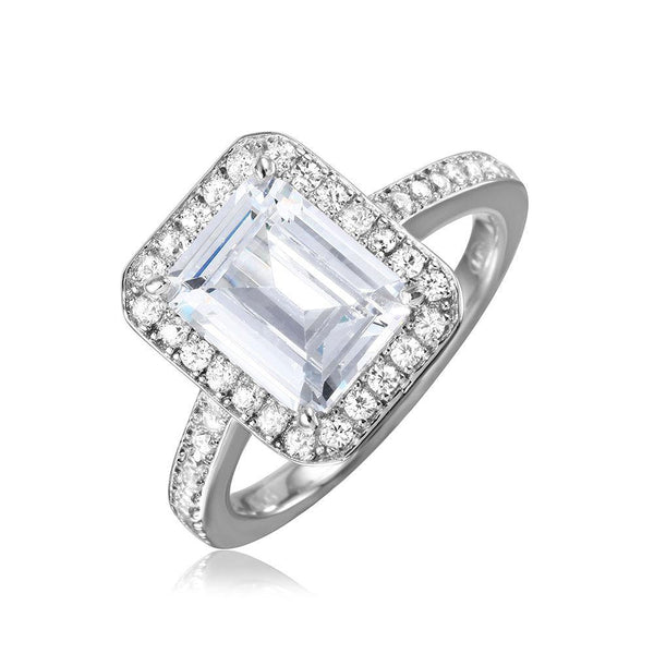 Silver 925 Rhodium Plated Emerald Cut Halo Ring - GMR00082 | Silver Palace Inc.
