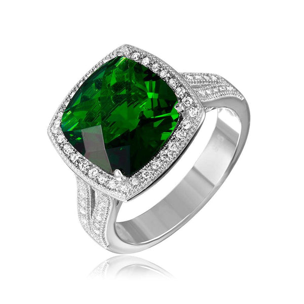 Silver 925 Rhodium Plated Square Halo Green CZ Ring with Micro Pave Stones - GMR00090G | Silver Palace Inc.